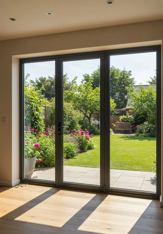 Baie vitrée aluminium anthracite ouverte sur un jardin fleuri