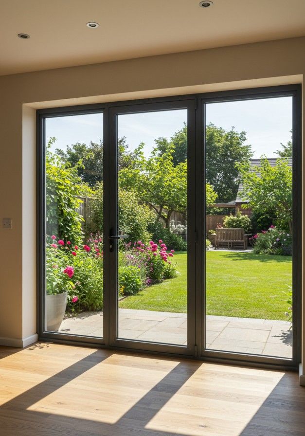 Baie vitrée aluminium anthracite ouverte sur un jardin fleuri