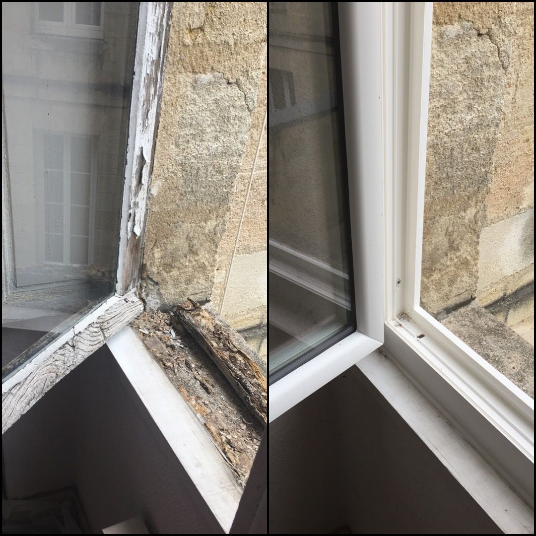 Comparatif avant/après d'un dormant de fenêtre : ancien bois abîmé remplacé par un cadre PVC blanc neuf