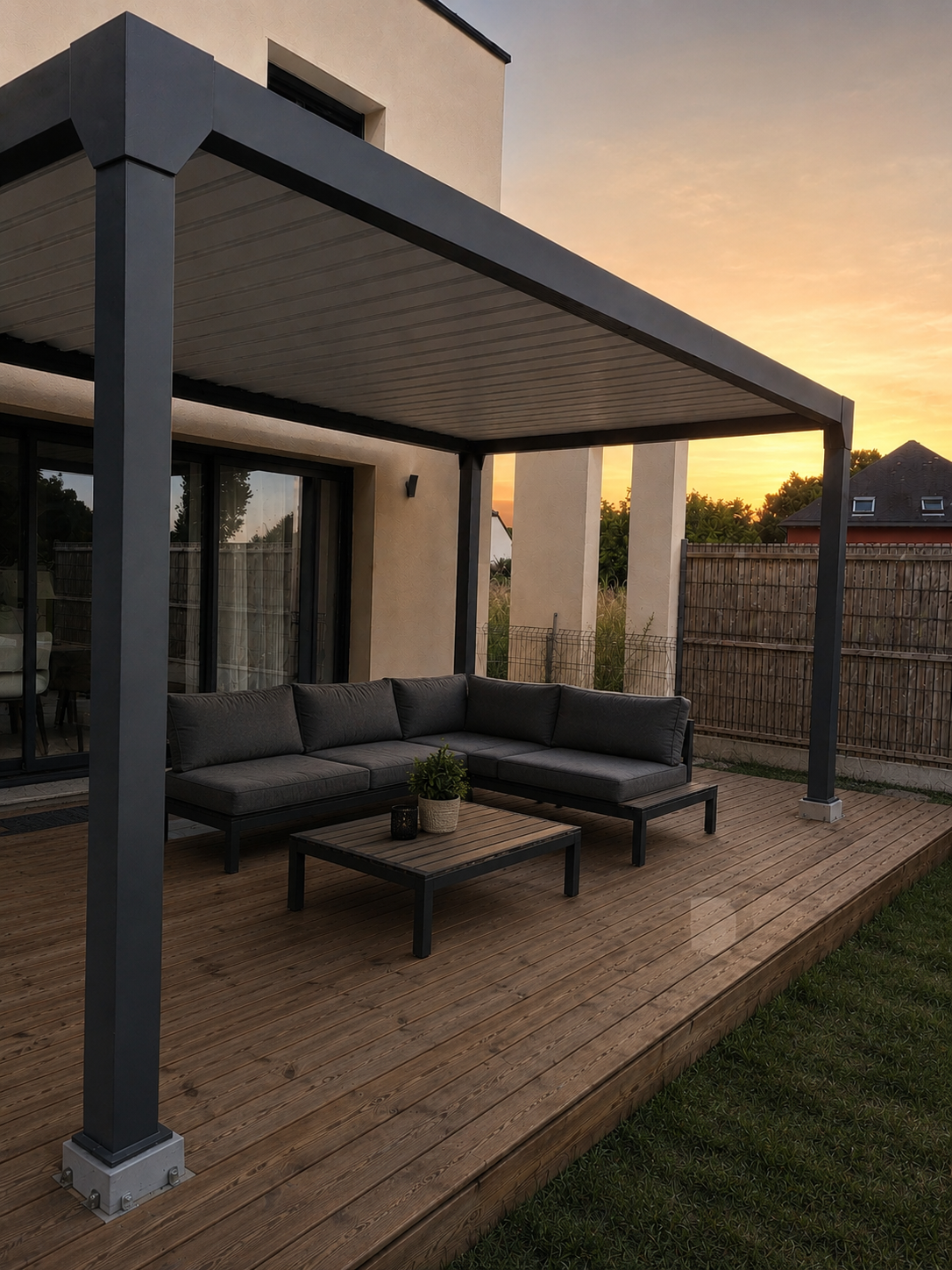 Pergola aluminium avec salon de jardin sur terrasse bois, coucher de soleil à Erdeven