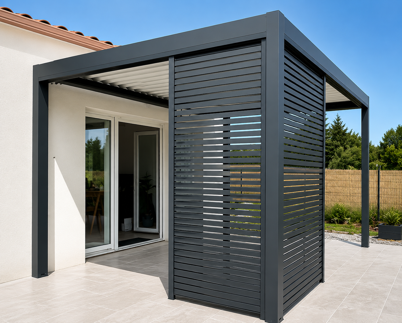 Pergola aluminium bioclimatique avec paroi brise-vue sur une terrasse carrelée
