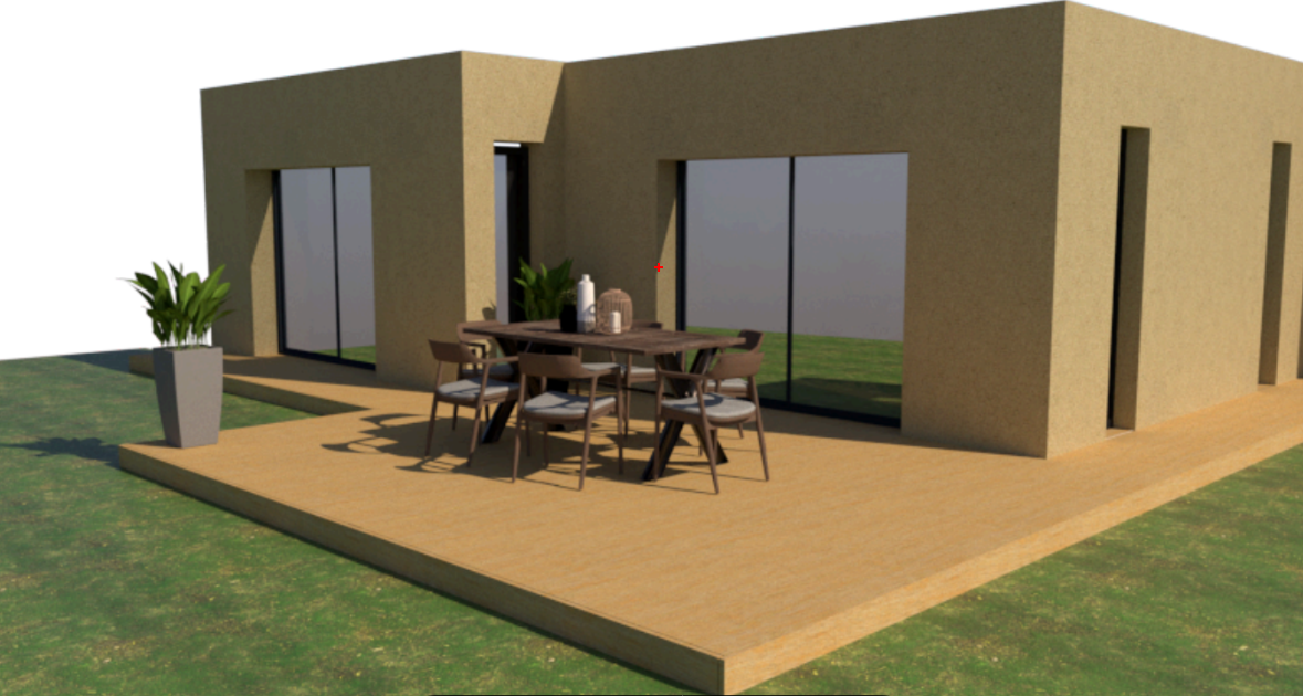 Rendu 3D d'un projet de terrasse bois avec mobilier de jardin, réalisé avant le début des travaux